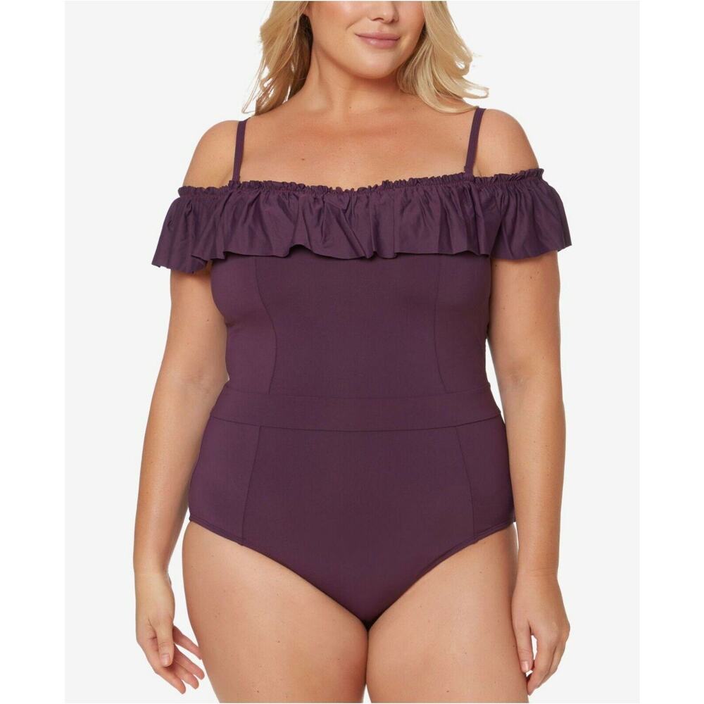 Bleu Rod Beattie plus size aubergine off the shoulder one piece swimsuit 22W